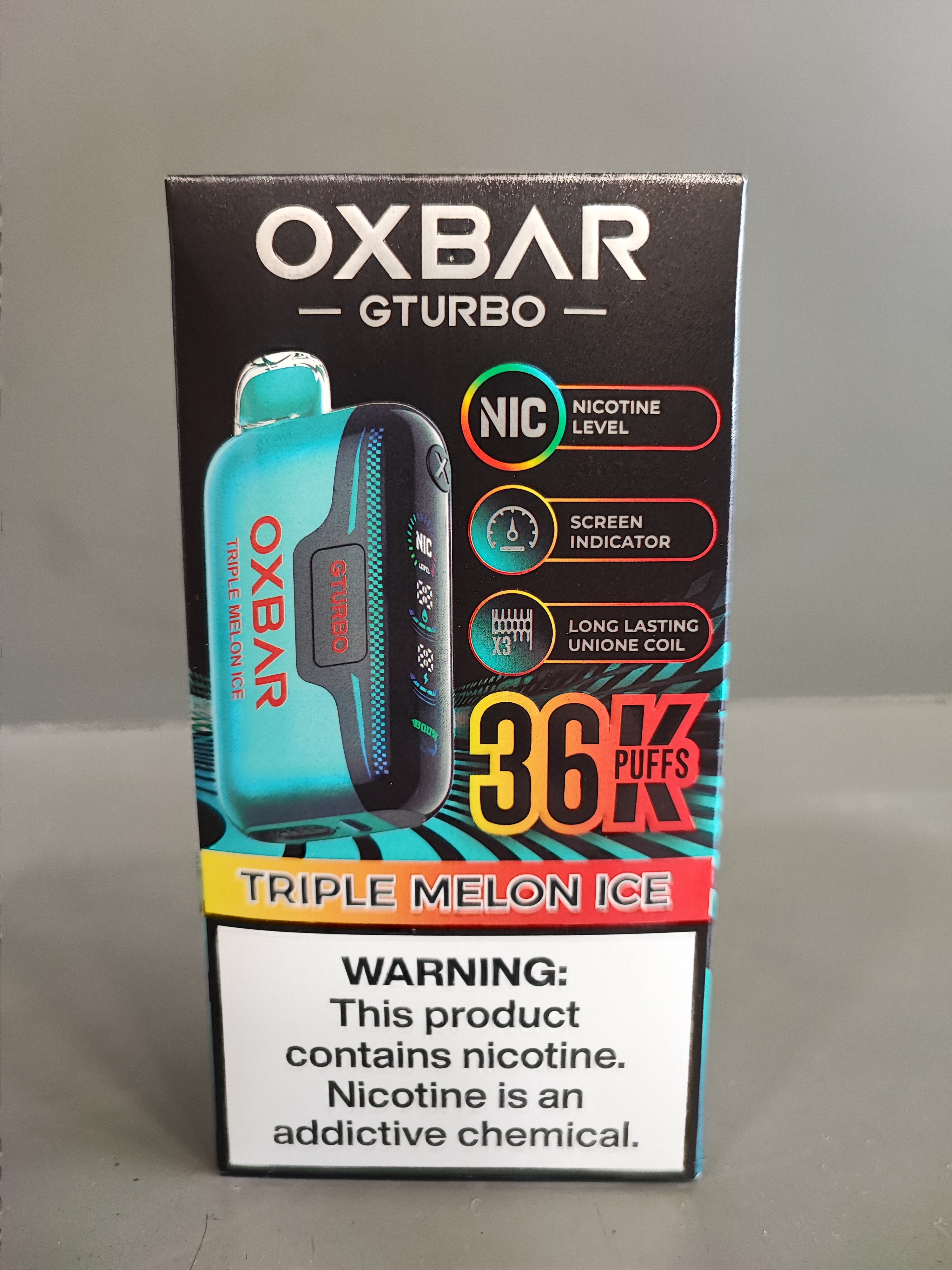 پاد یکبار مصرف اکسبار تریپل ملون(طالبی) یخ 36000 پاف/OXBAR GTURBO triple melon ice 36000k